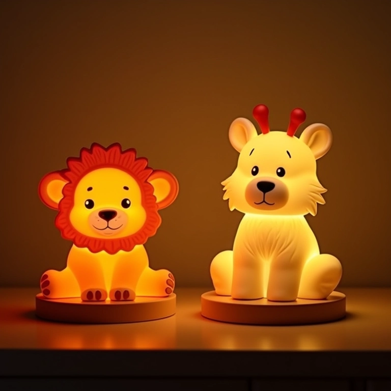 Luminárias temáticas com luz suave em quarto de bebê safári.