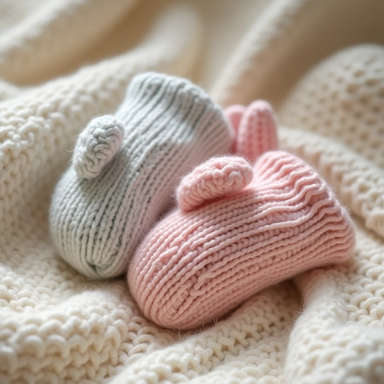 Luvas de tricô sem dedinhos em cores pastel sobre manta.