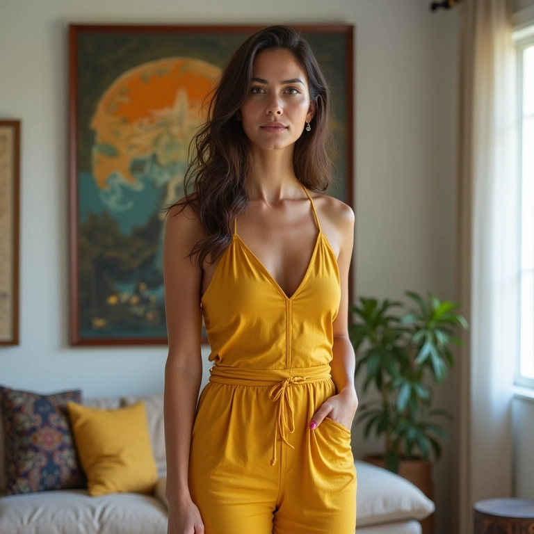 Macacão com cintura marcada realçando a silhueta feminina.