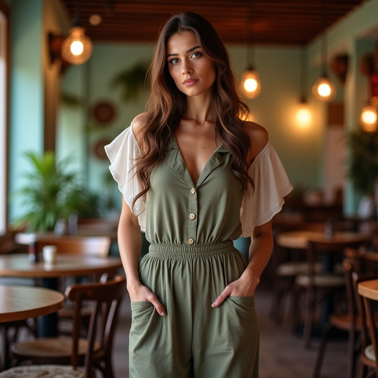 Macacão com mangas delicadas adicionando charme ao look.