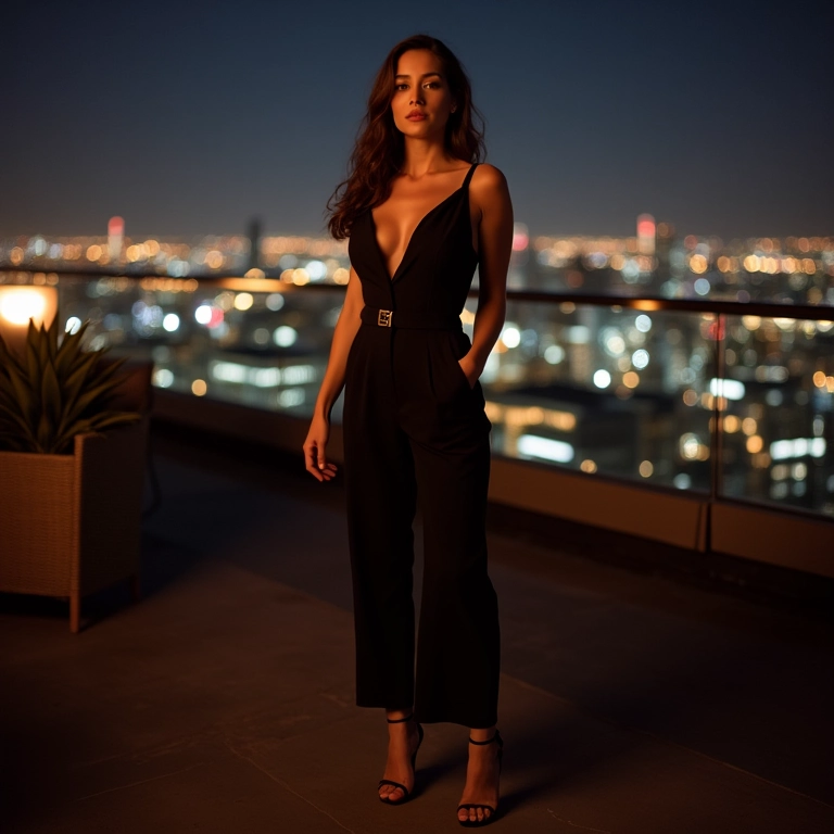 Macacão de alfaiataria com sandália de salto em bar noturno.