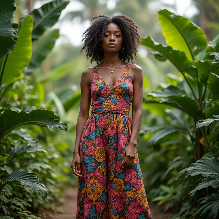 Macacão estampado com cores vibrantes para mulheres altas.