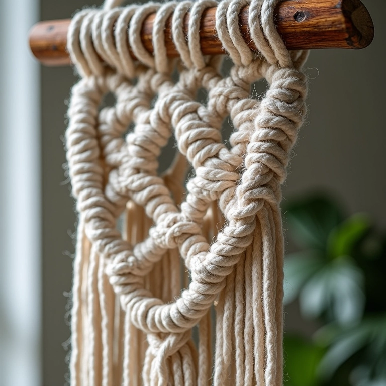 Macramê com tensão irregular nos nós, mostrando a textura imperfeita.