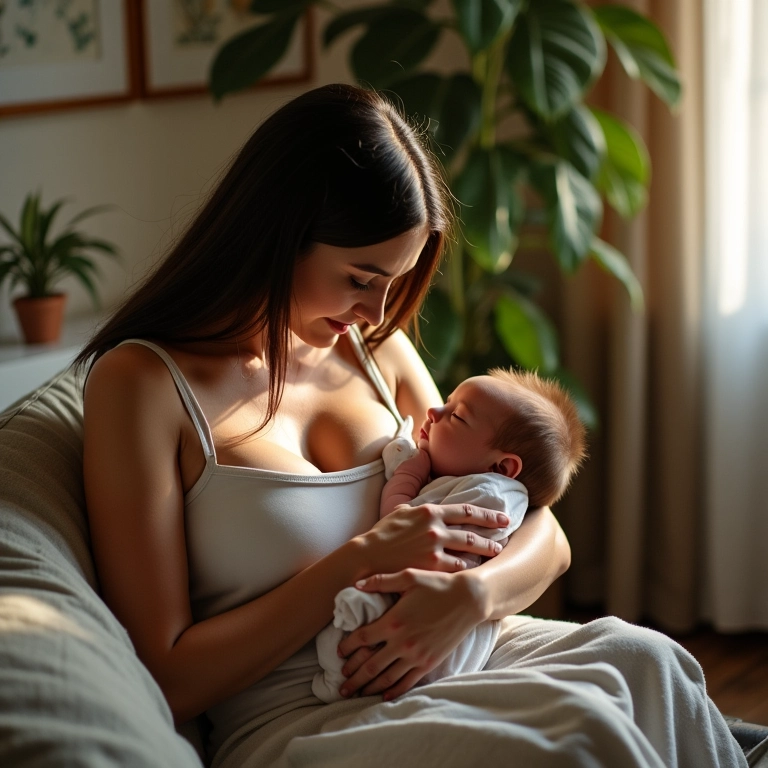 Mãe amamentando bebê em quarto aconchegante com luz natural e decoração brasileira.