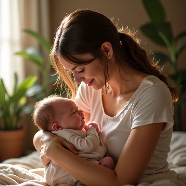 Mãe amamentando seu bebê com amor e conexão no pós-parto.