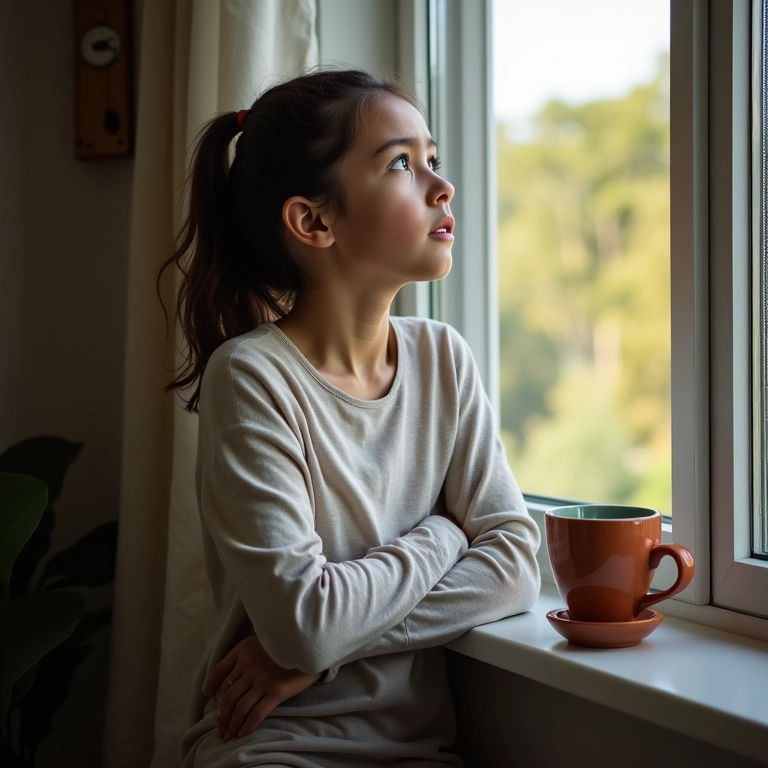 Mãe ansiosa olhando pela janela, representando preocupação excessiva.
