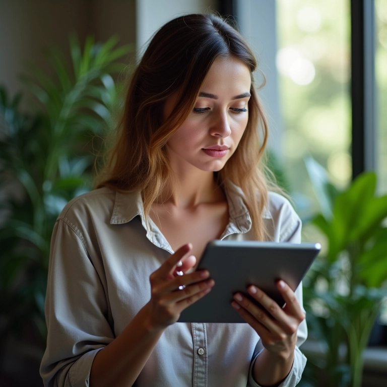 Mãe atenta observa sinais de bullying em tablet, buscando identificar se seu filho está sofrendo.