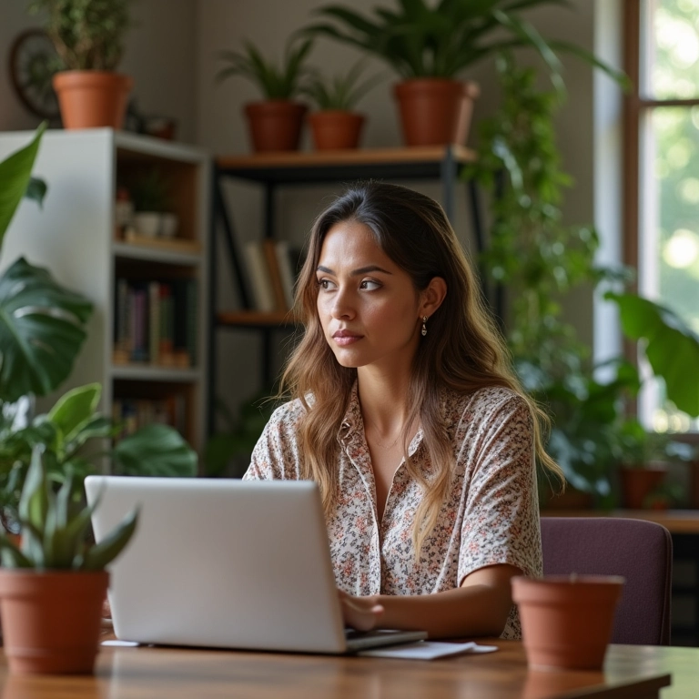 Mãe brasileira equilibrando trabalho e maternidade em escritório vibrante.