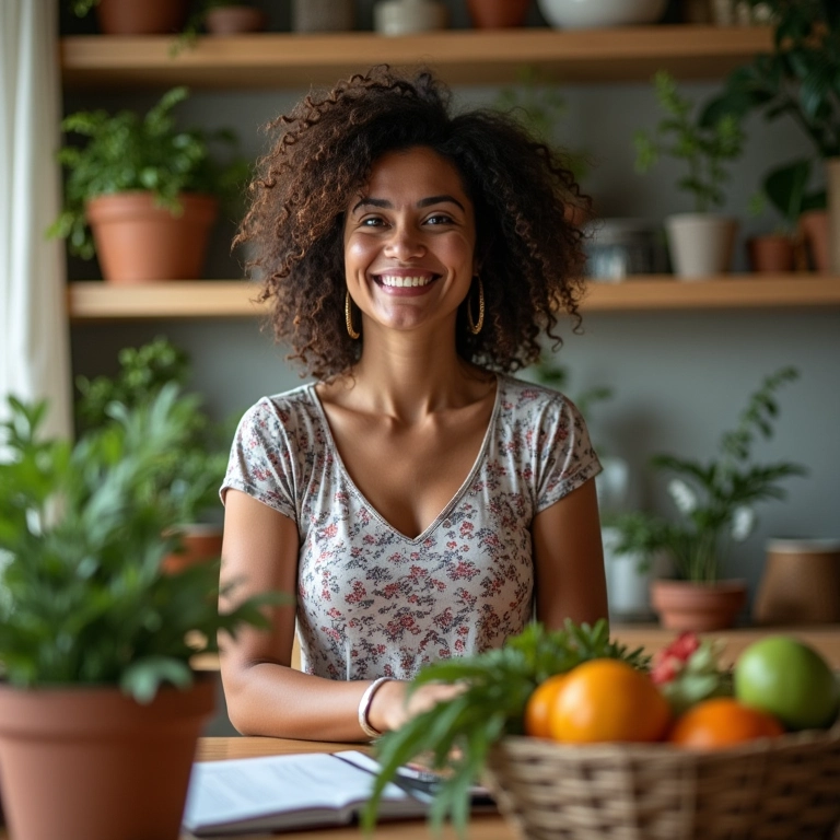 Mãe brasileira ocupada em lar organizado com cores vibrantes e iluminação natural.