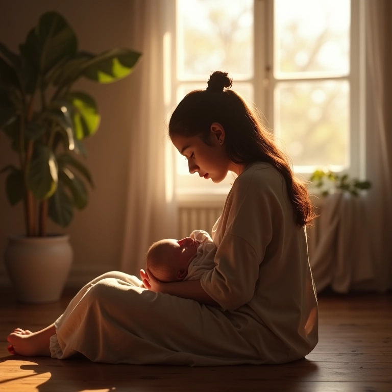 Mãe chorando em um quarto ensolarado, representando tristeza pós-parto.