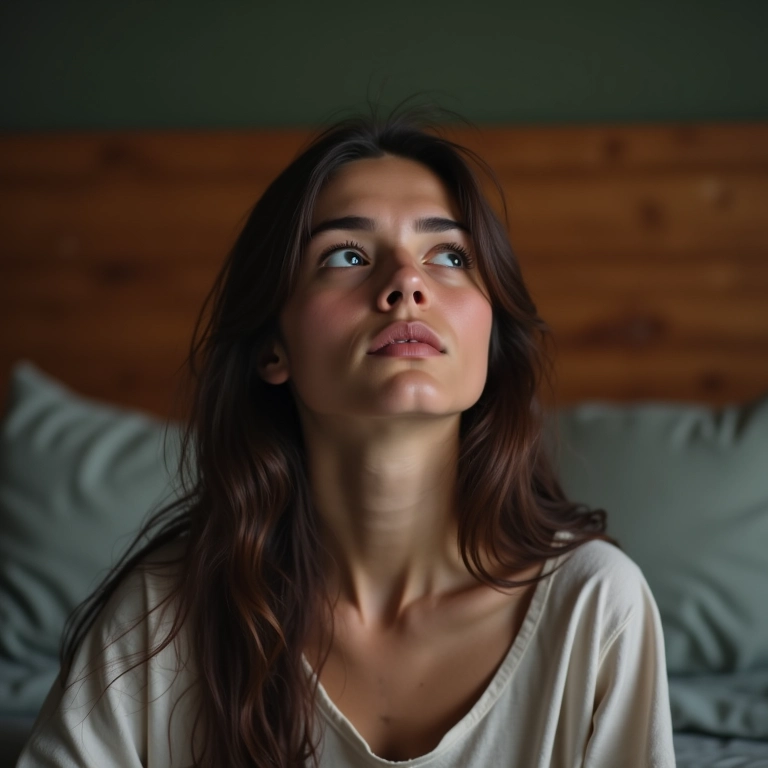 Mãe com olheiras olhando para o teto, insônia.