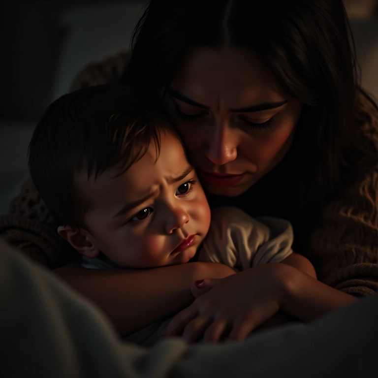 Mãe confortando filho com medo no escuro, transmitindo segurança e amor.