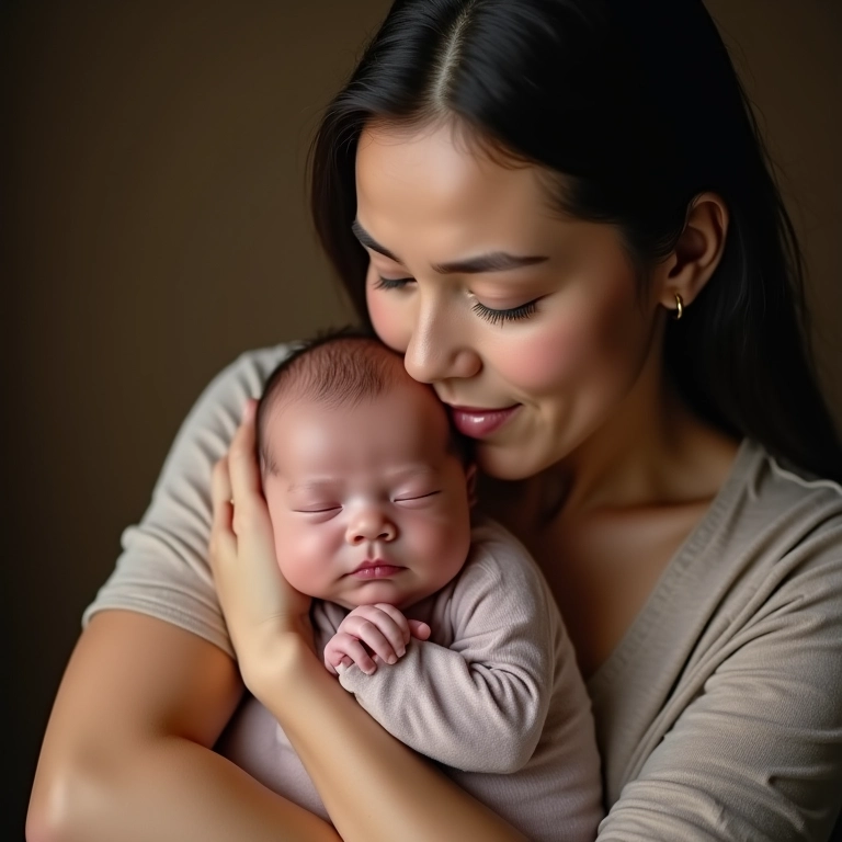 Mãe confortando recém-nascido com cólica, ambiente acolhedor.