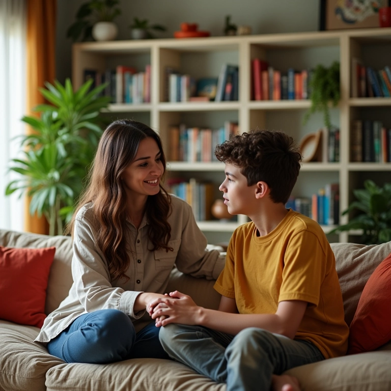 Mãe conversa com filho sobre bullying em sala aconchegante, demonstrando apoio e abertura ao diálogo.