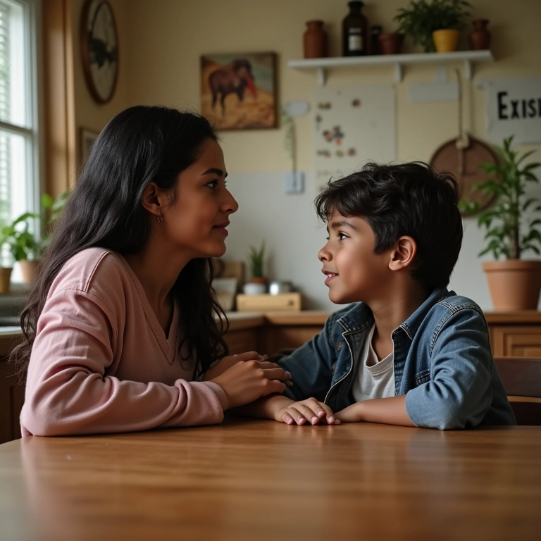 Mãe e filho adolescente conversando abertamente na mesa da cozinha, promovendo a comunicação.