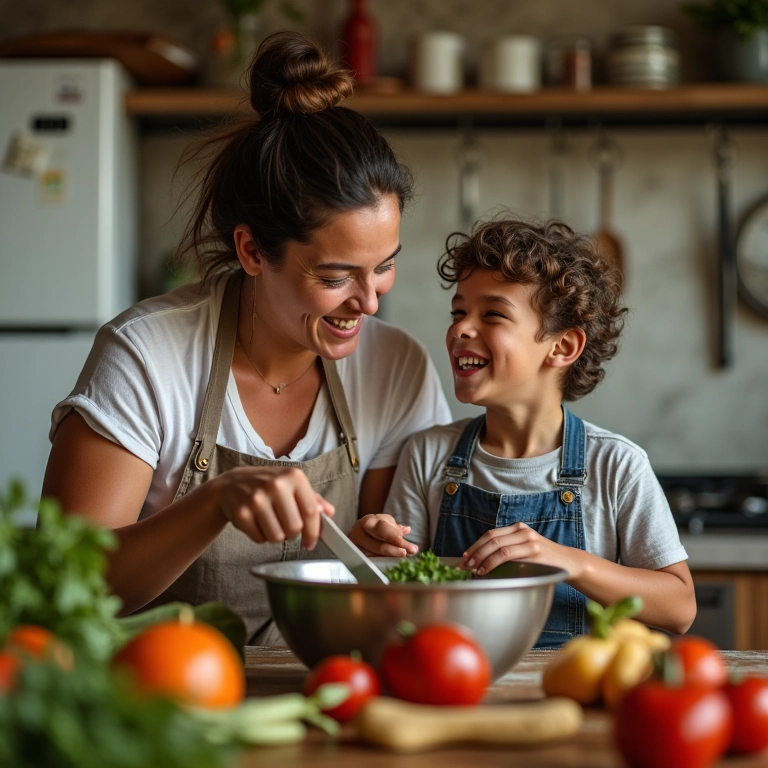 Mãe e filho adolescente rindo enquanto cozinham juntos, fortalecendo o vínculo familiar.