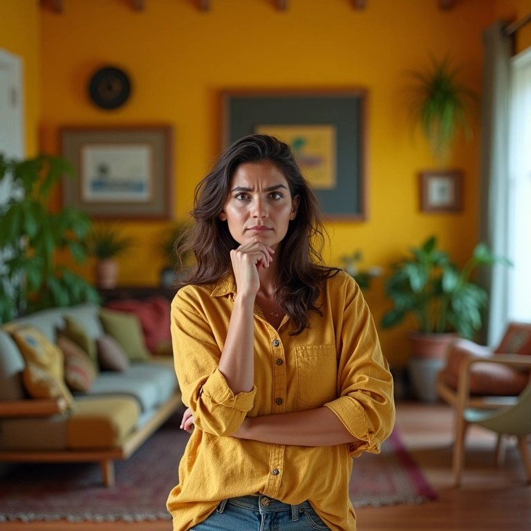 Mãe em sala vibrante, visivelmente estressada mas focada, representando os desafios da parentalidade.