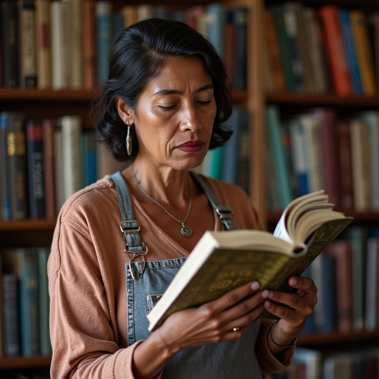 Mãe escolhendo livros para incentivar a educação dos filhos.