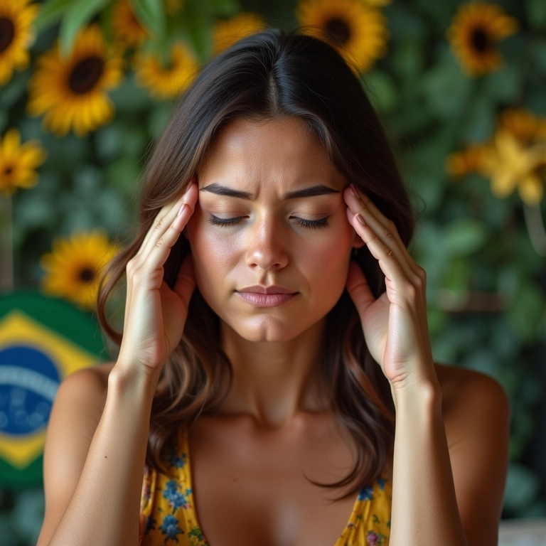 Mãe exausta massageando as têmporas, cansaço extremo.