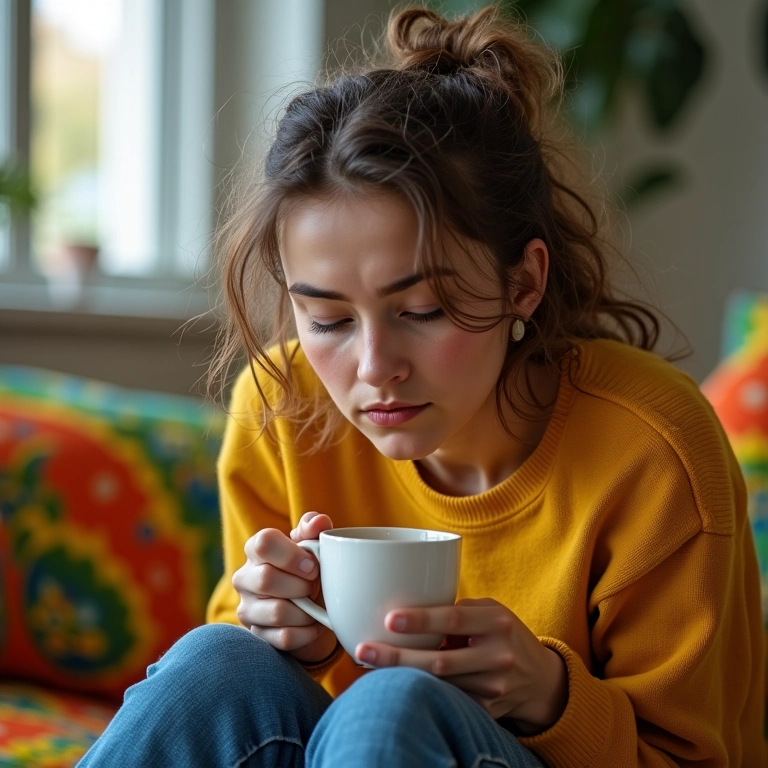 Mãe exausta sentada no sofá com xícara de café.