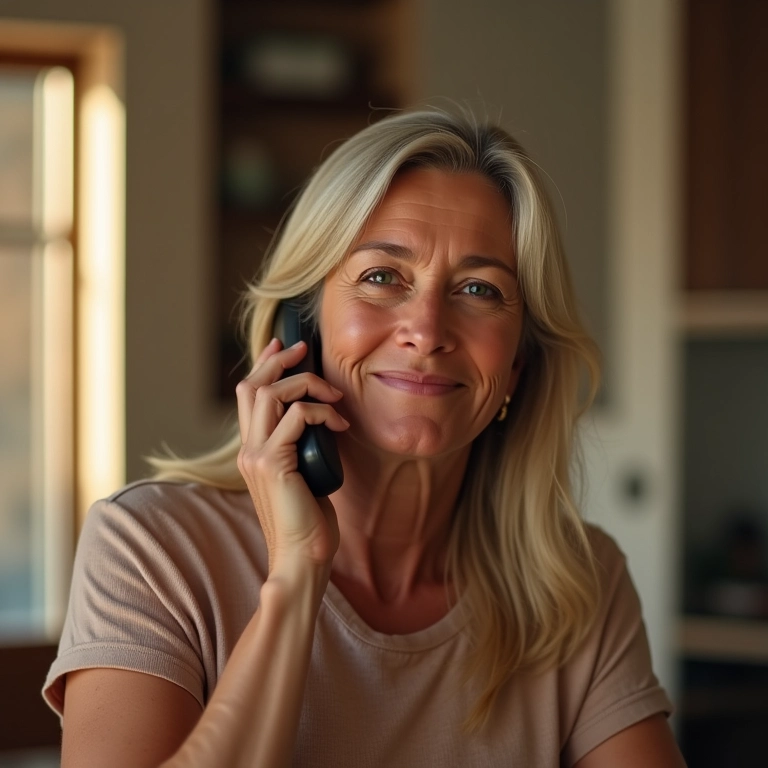 Mãe feliz falando ao telefone sobre a convivência dos filhos.