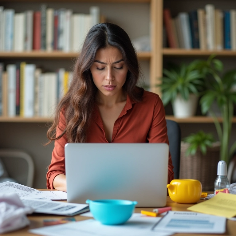 Mãe frustrada tentando conciliar trabalho e maternidade.