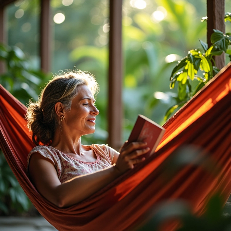 Mãe lendo livro inspirador em rede na varanda, cercada por plantas tropicais.