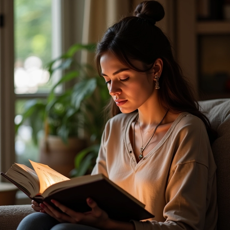 Mãe lendo um livro em um ambiente aconchegante, exemplificando a importância do exemplo dos pais.