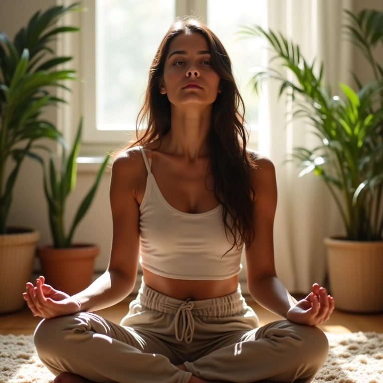 Mãe meditando em ambiente tranquilo, buscando paz interior e autocuidado.