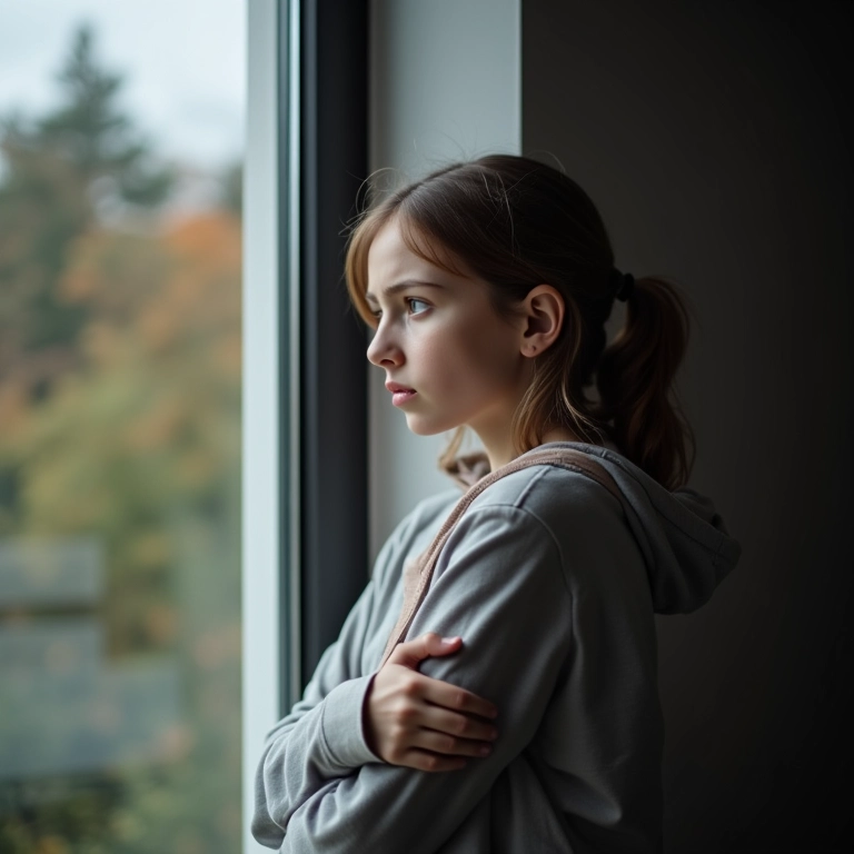 Mãe olhando fixamente, representando perda de interesse pós-parto.