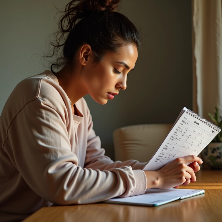 Mãe organizando calendário de atividades familiares, demonstrando cuidado.