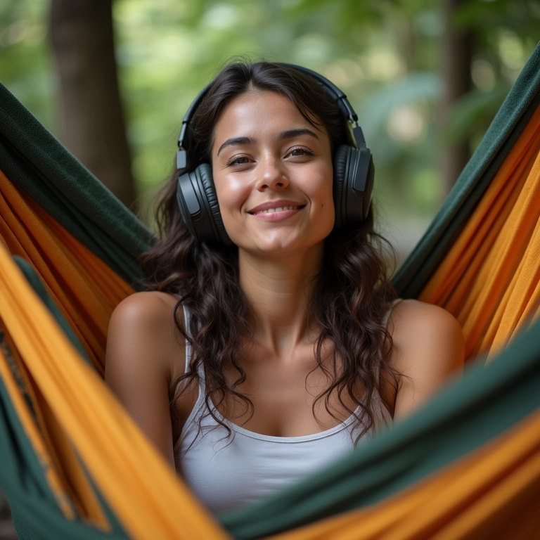 Mãe ouvindo música relaxante em rede ao ar livre, desfrutando da natureza.