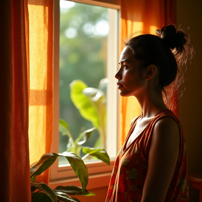 Mãe pensativa em casa colorida, refletindo sobre a culpa materna.