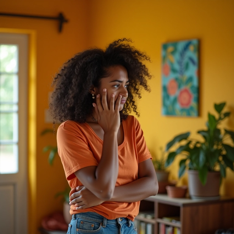 Mãe preocupada em casa colorida, representando a depressão pós-parto.