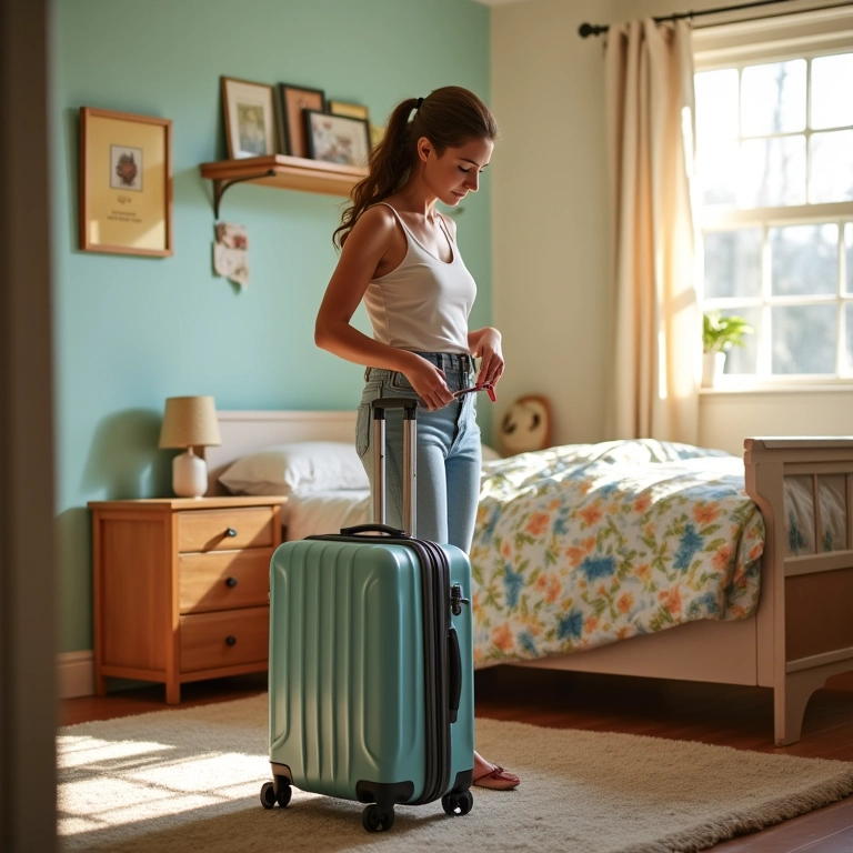 Mãe preparando mala colorida para viagem com os filhos, em casa decorada com estilo vibrante.