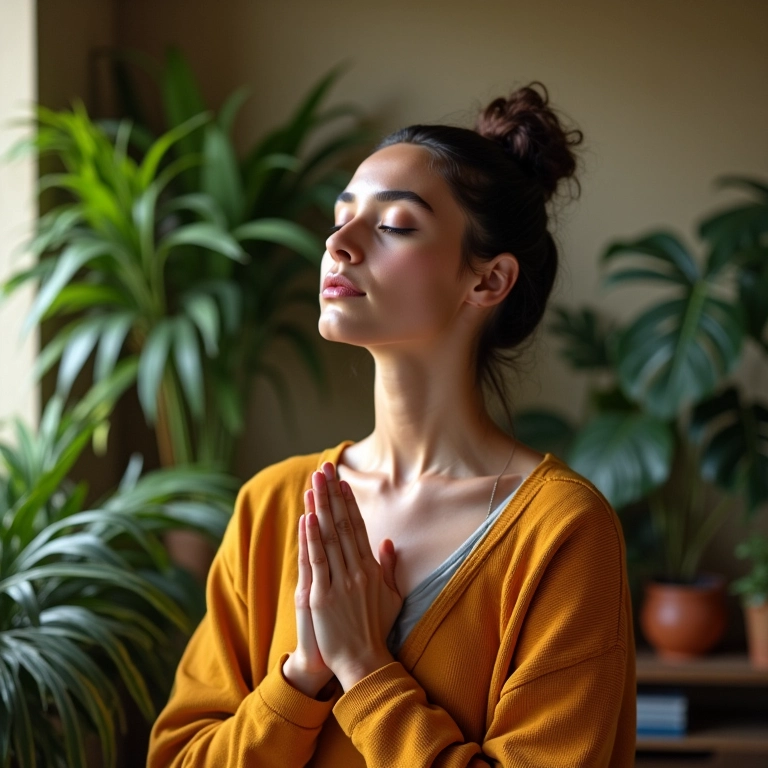 Mãe respirando fundo em um ambiente tranquilo, representando o autocontrole ao lidar com as birras dos filhos.