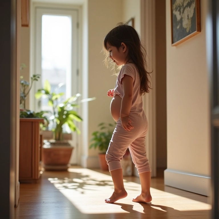 Mãe se movimentando com cuidado após cesárea, priorizando a recuperação.