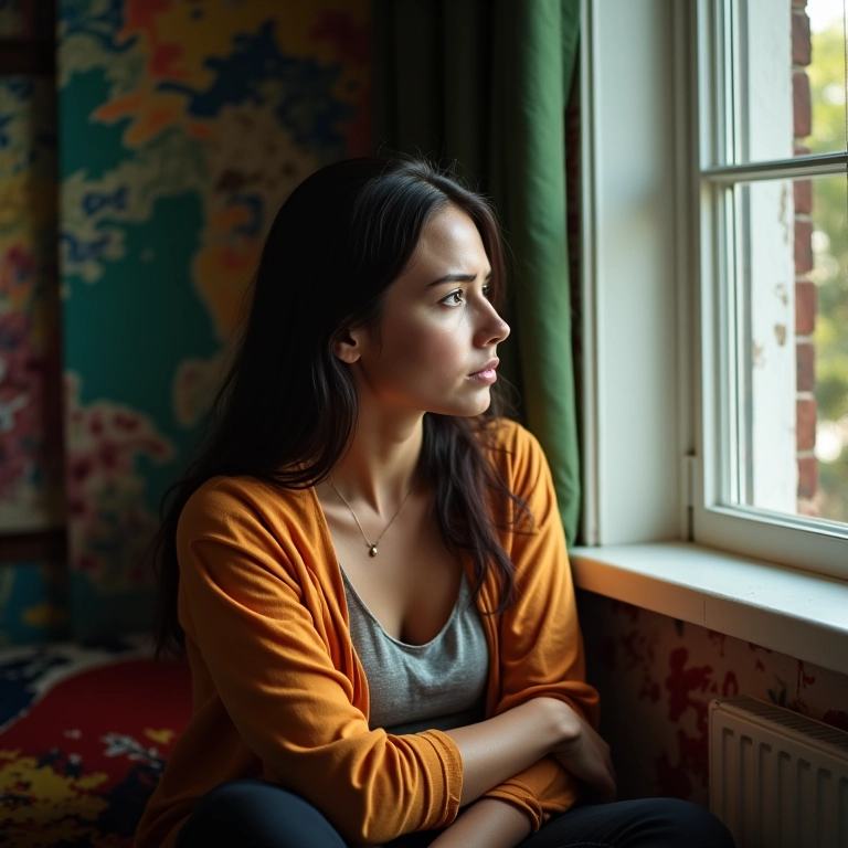 Mãe sentindo culpa, olhando para a janela.