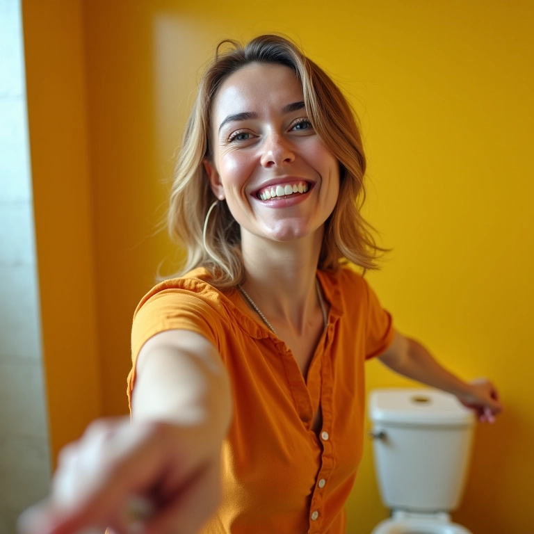 Mãe sorrindo e apontando para o vaso sanitário em banheiro colorido.