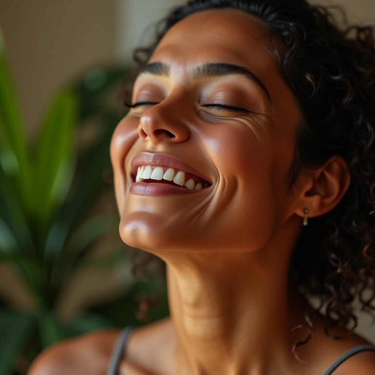 Mãe sorrindo, olhos fechados, respirando profundamente, praticando autocuidado e relaxamento em casa.