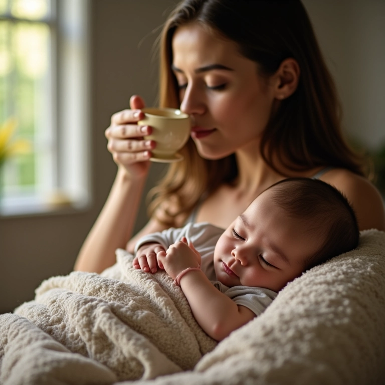 Mãe tomando chá calmante enquanto bebê dorme.