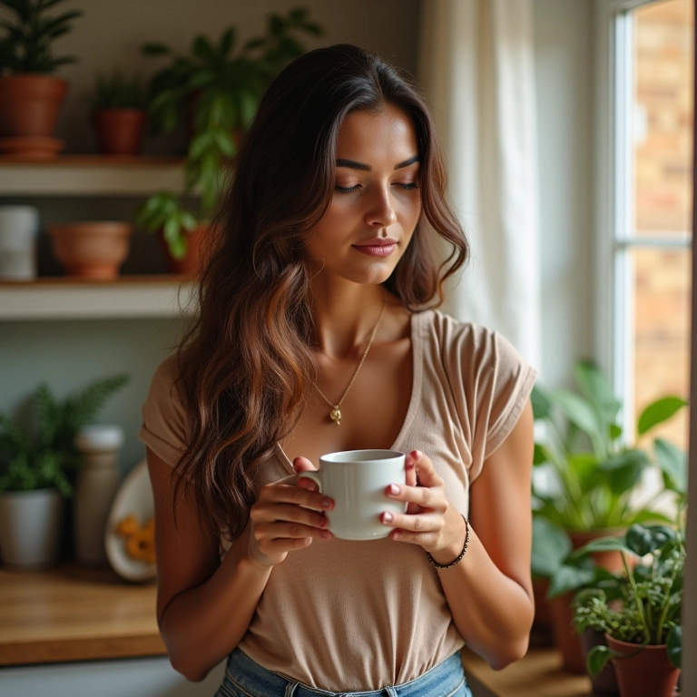 Mãe tomando xícara de chá em cozinha aconchegante, relaxando e se cuidando.