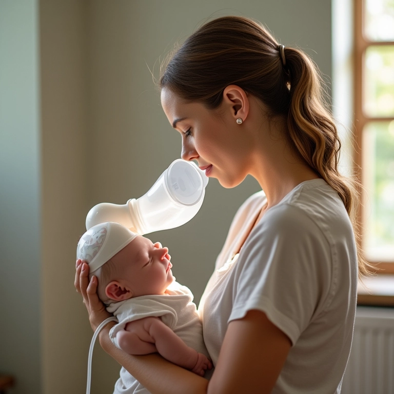 Mãe usando bomba tira-leite.