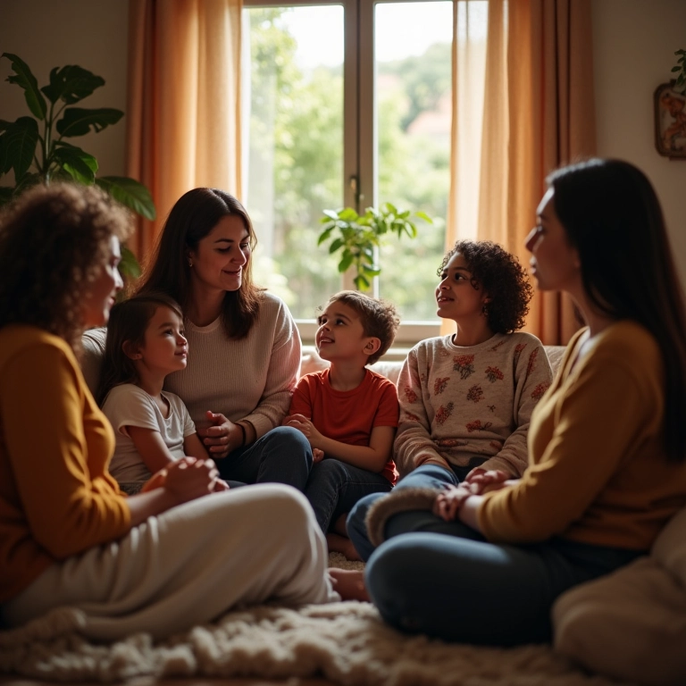 Mães reunidas em um ambiente acolhedor, compartilhando experiências sobre a criação dos filhos com amor e firmeza.