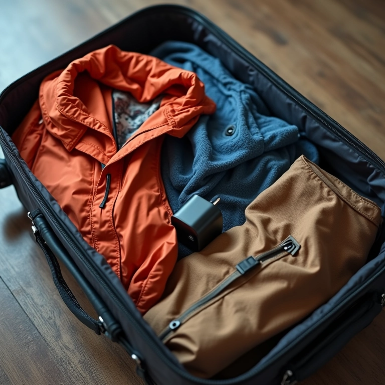 Mala aberta com itens essenciais para viagem: capa de chuva, sapatos confortáveis, cachecol, adaptador.