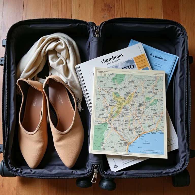 Mala aberta com itens essenciais para viajar para Buenos Aires.