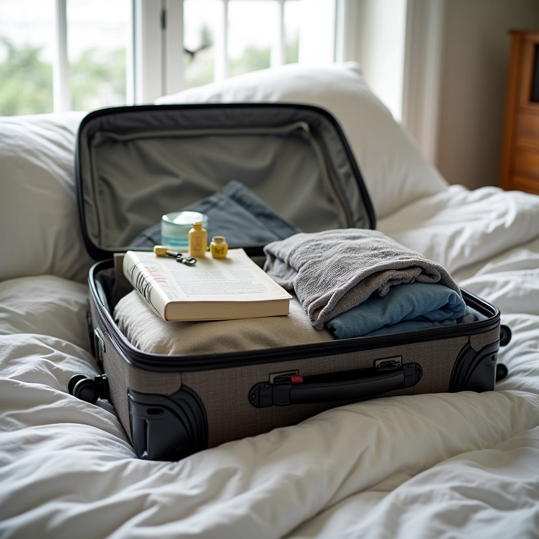 Mala aberta em uma cama com roupas enroladas, produtos de higiene pessoal e um livro, pronta para a viagem.