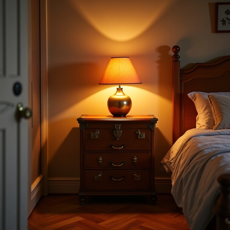Mala antiga como criado-mudo em quarto com decoração vintage.