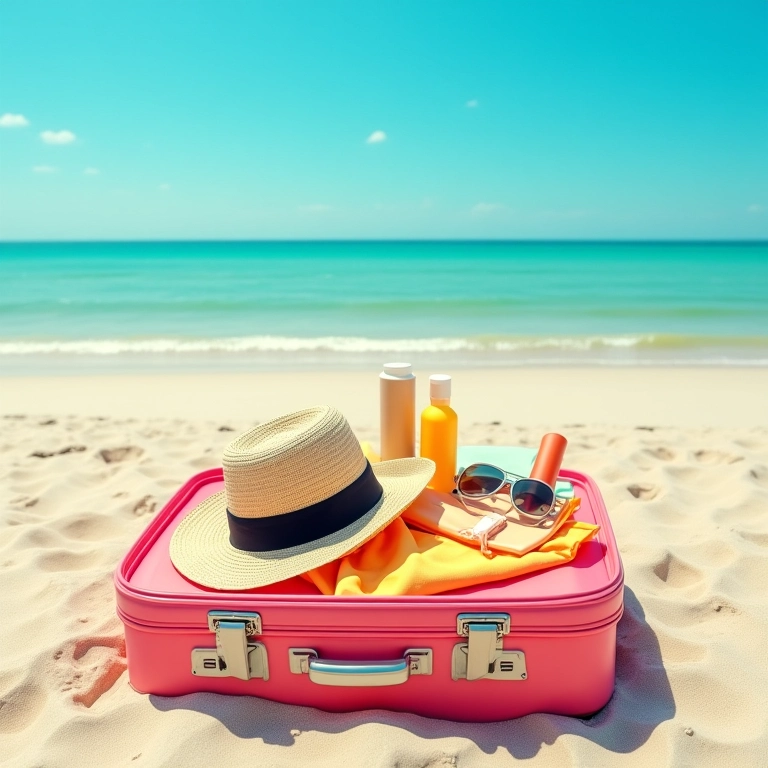 Mala de verão aberta na areia com roupas coloridas, protetor solar e acessórios de praia.