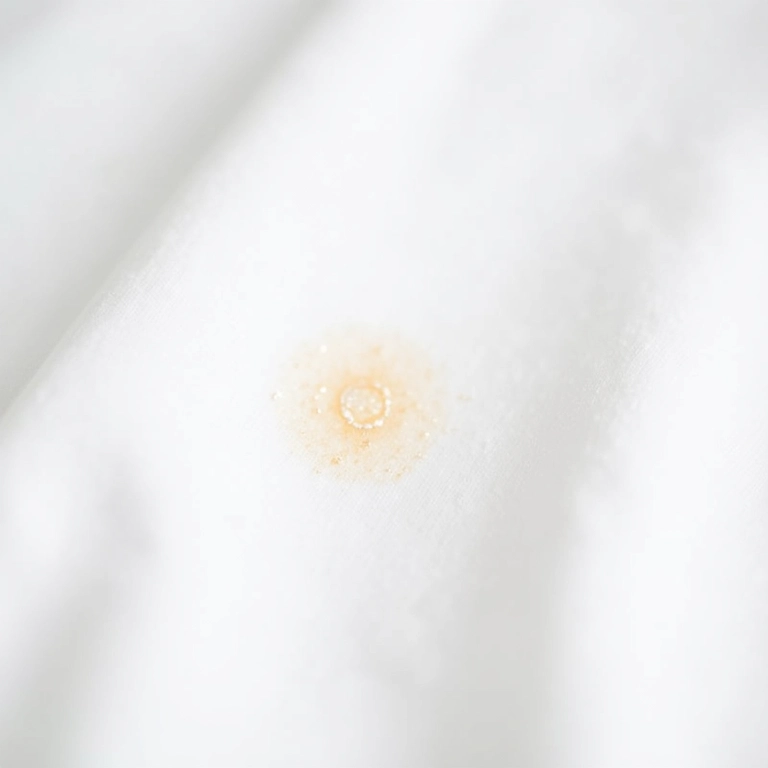 Mancha de protetor solar com brilho em camisa de algodão.